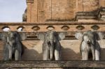 Stone Elephant Statues At Wat Chedi Luang In Chiang Mai, Thailand Stock Photo