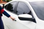 Mirror Side Of White Modern Car Stock Photo