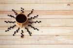 Top View Of Creative Coffee Cup With Copyspace On Wooden Panel A Stock Photo