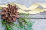 Pine Cones On Wood Background Stock Photo