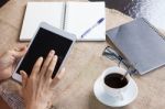 Woman And Tablet Computer In Hand Sliding On Touching Screen Use For People And Lifestyle In Digital Technology Stock Photo