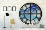 White Room Interior In Minimalist Decoration With Round Metal Clockwork Window Stock Photo