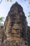 Statue Of Ancient Khmer Warrior Head At Angkor Wat Stock Photo