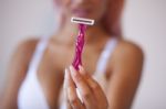 Pink Hair Attractive Woman Hold Pink Female Shaver In Hand Stock Photo