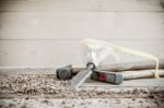 Carpenter Tools In Pine Wood Table Stock Photo