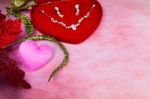 Pink Heart-shaped And Jewelry In Red Velvet Box Stock Photo