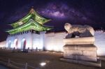 Gyeongbokgung Palace And Milky Way In Seoul, South Korea Stock Photo