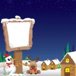 Merry Christmas Background. Snowman And Wooden Sign In Winter On Blue Night Sky Background Stock Photo