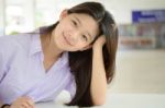 Portrait Of Thai High School Student Uniform Teen Beautiful Girl Happy And Relax Stock Photo