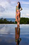 Pretty Brunette Model In Bikini Posing At The Pool Stock Photo