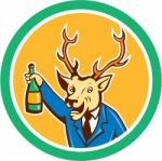 Stag Deer Holding Wine Bottle Circle Cartoon Stock Photo