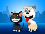 Happy Pets Represents Domestic Cat And Canines Stock Photo