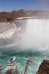 Very Beautiful Background Of The Niagara Falls, Rainbow And A Ship Stock Photo