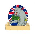 Grey Wolf Holding Bomb Union Jack Drawing Stock Photo