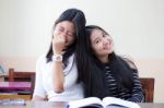 Two Asia Thai High School Student Uniform Best Friends Beautiful Girl Reading Book Stock Photo