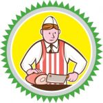 Butcher Chopping Ham Rosette Cartoon Stock Photo