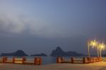 The Lights On The Bridge At Night Background Sea And Island At Prachuap Bay In Thailand Stock Photo