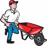 Gardener Pushing Wheelbarrow Cartoon Stock Photo