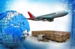 Flying Plane, A Truck, And A Cargo Container Stock Photo