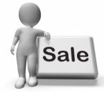 Sales Button With Character Shows Promotions And Deals Stock Photo