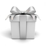 Gift Box With Silver Ribbon Bow Stock Photo