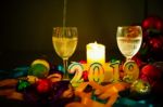 Glasses Of Champagne And New Year Decorations Stock Photo