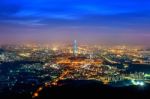 South Korea Skyline Of Seoul, The Best View Of South Korea With Lotte World Mall At Namhansanseong Fortress Stock Photo