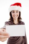  Santa Hat Woman Holding Card Stock Photo