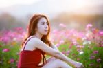 Young Beautiful Woman With A Cosmos Flower Stock Photo