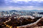 View Of Downtown Cityscape And Seoul Tower In Seoul, South Korea Stock Photo