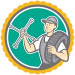 Mechanic With Tire Wrench Rosette Cartoon Stock Photo