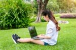 Young Woman Using Laptop In Park Stock Photo