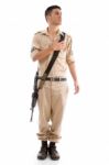 Standing Soldier With Gun Stock Photo