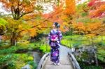 Asian Woman Wearing Japanese Traditional Kimono In Autumn Park. Japan Stock Photo