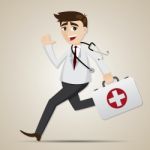 Cartoon Doctor Running With First Aid Box Stock Photo