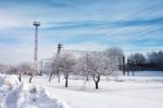 Railway Station In Winter. Snow-covered Urban Scene Stock Photo