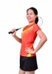 Badminton Player Isolated On White Background Stock Photo