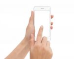 Hand Touch Phone Isolated With Clipping Path On White Background Stock Photo