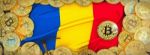 Bitcoins Gold Around Romania  Flag And Pickaxe On The Left.3d Il Stock Photo