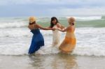 Portrait Group Of Young Asian Woman Playing With Happiness Emoti Stock Photo