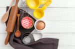 Baking Tools On White Wood Background Stock Photo