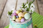 Easter Eggs In The White Basket Stock Photo