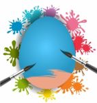 Blue Egg And Brush On Paint Splash For Easter Day Card Stock Photo