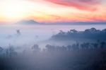 Misty Clouds Beautiful Foggy Forest During Sunrise Mountains Stock Photo