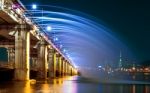 Rainbow Fountain Show At Banpo Bridge In Seoul, South Korea Stock Photo