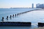 Chicago Skyline In Winter, Frozen Lake Michigan Stock Photo