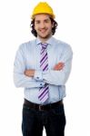 Young Smiling Architect With Hard Hat Stock Photo