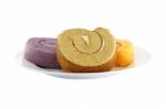 Three Color Sweet Roll Cake Focus On Brown Dish Stock Photo