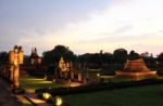 Sukhothai Historical Park At Twilight, The Old Town Of Thailand Stock Photo