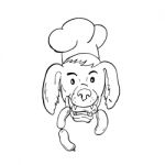 Chef Dog Biting Sausage String Cartoon Black And White Stock Photo